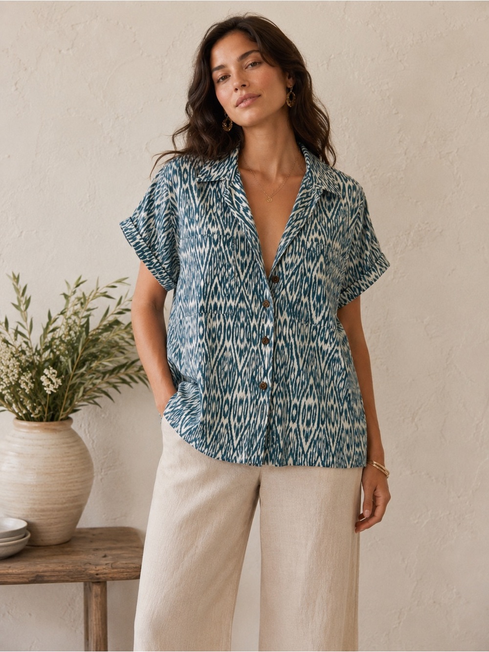 Anthropologie Pilcro Blouse Top Size L Novelty Print Button Down 100% cotton